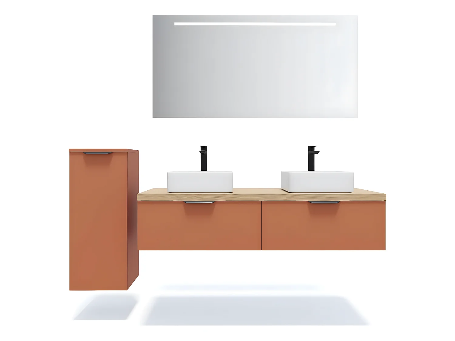 Meuble de salle de bain suspendu 2 vasques à poser 140cm 2 tiroirs Terracotta + miroir + colonne ouverture gauche - Soho