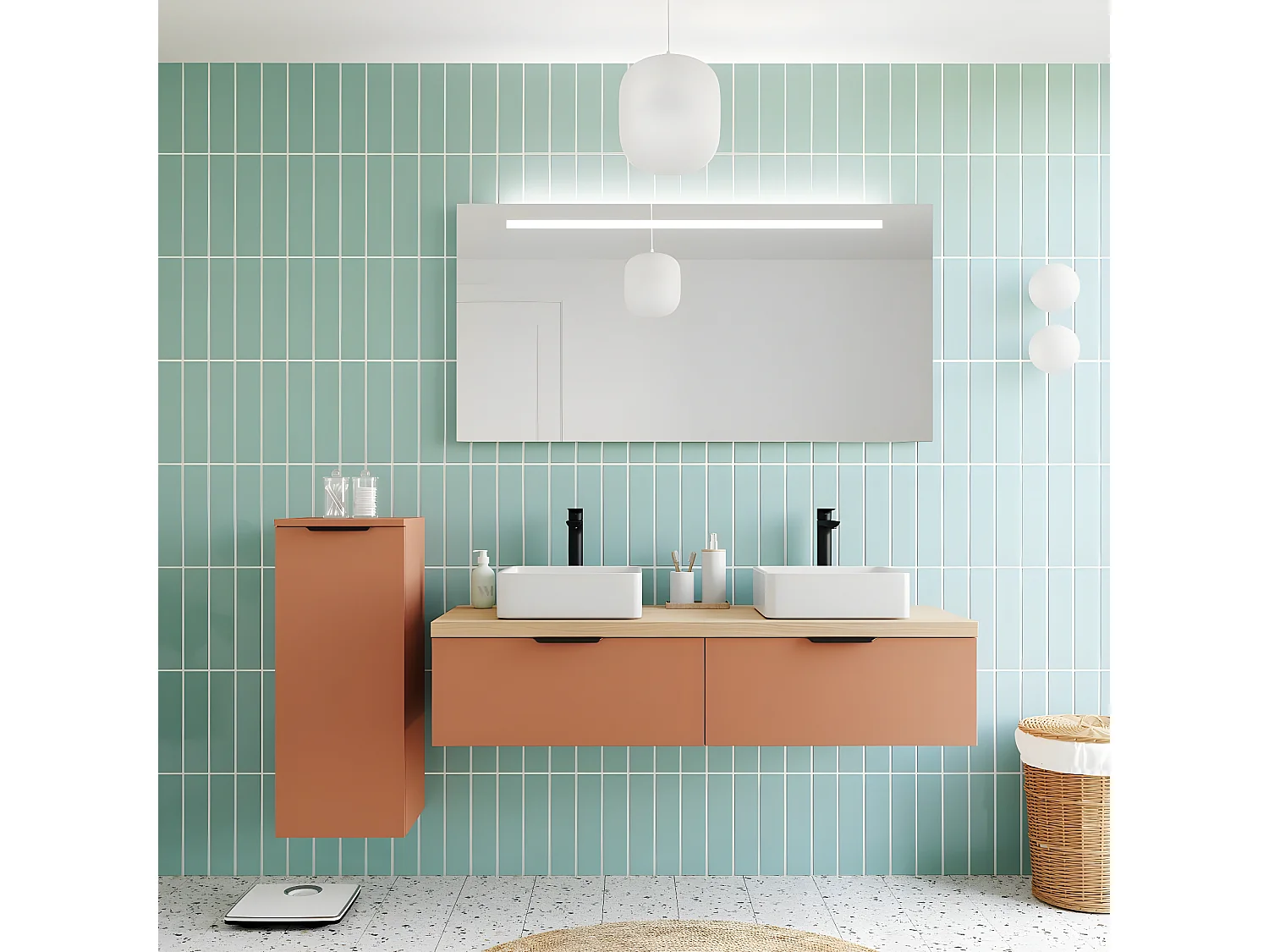 Meuble de salle de bain suspendu 2 vasques à poser 140cm 2 tiroirs Terracotta + miroir + colonne ouverture gauche - Soho