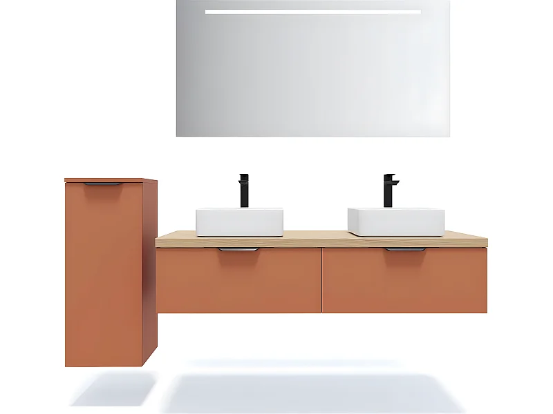Meuble de salle de bain suspendu 2 vasques à poser 140cm 2 tiroirs Terracotta + miroir + colonne ouverture gauche - Soho