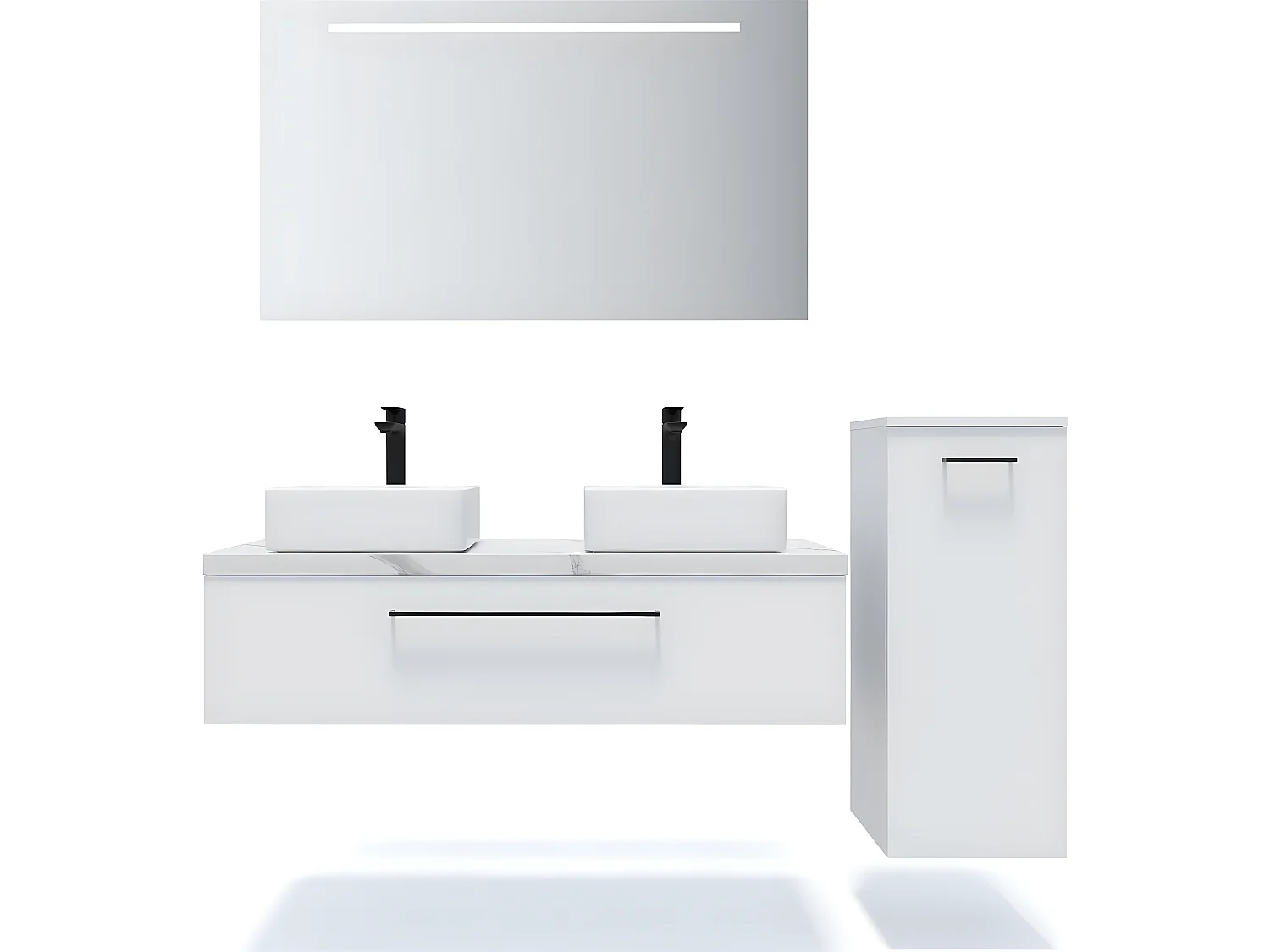 Meuble de salle de bain suspendu 2 vasques à poser 120cm 1 tiroir Blanc + miroir + colonne ouverture droite - Glasgow