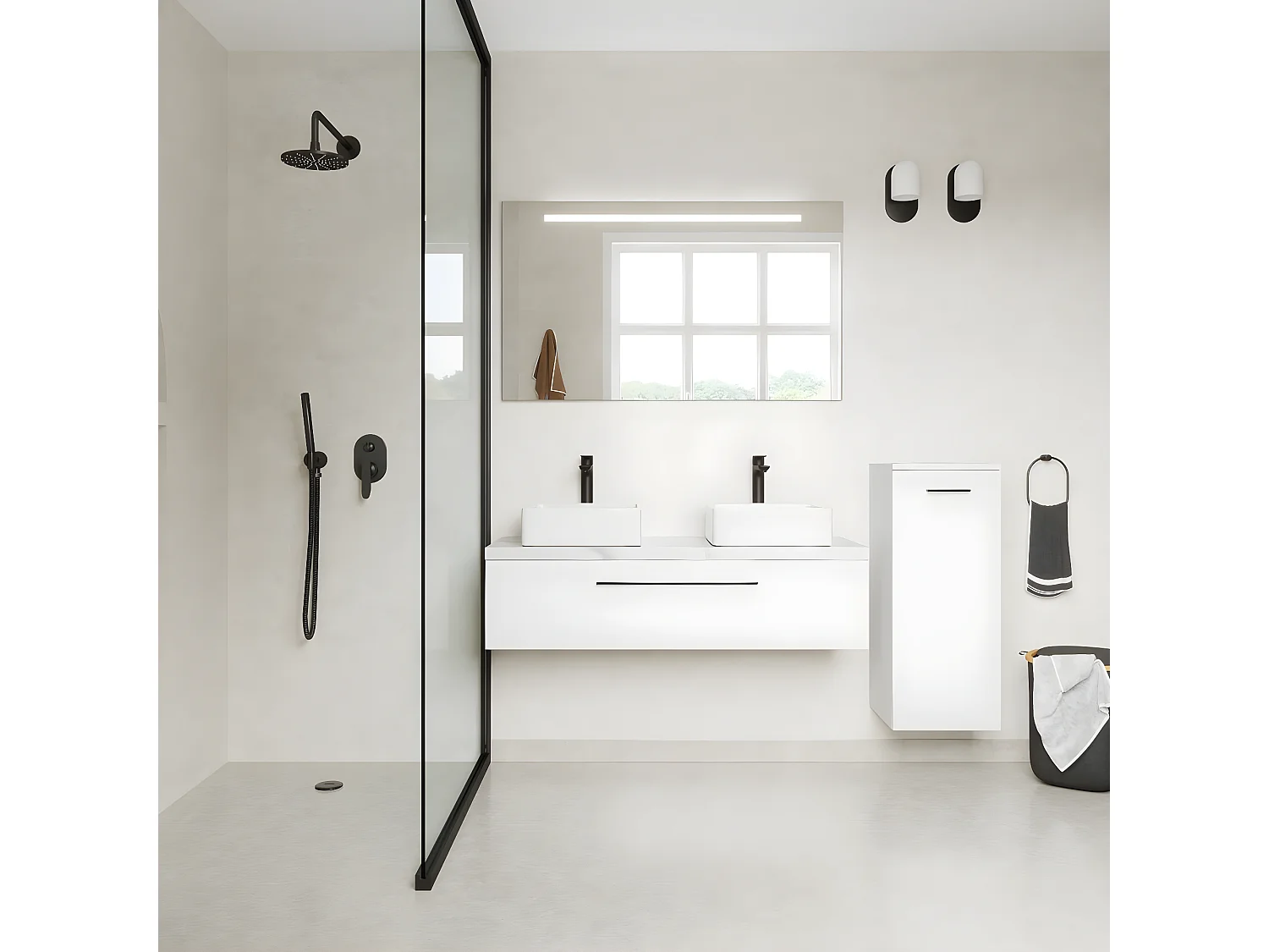 Meuble de salle de bain suspendu 2 vasques à poser 120cm 1 tiroir Blanc + miroir + colonne ouverture droite - Glasgow