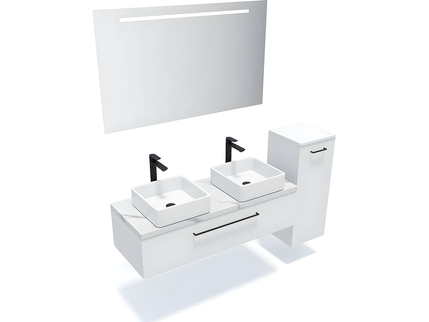 Meuble de salle de bain suspendu 2 vasques à poser 120cm 1 tiroir Blanc + miroir + colonne ouverture droite - Glasgow