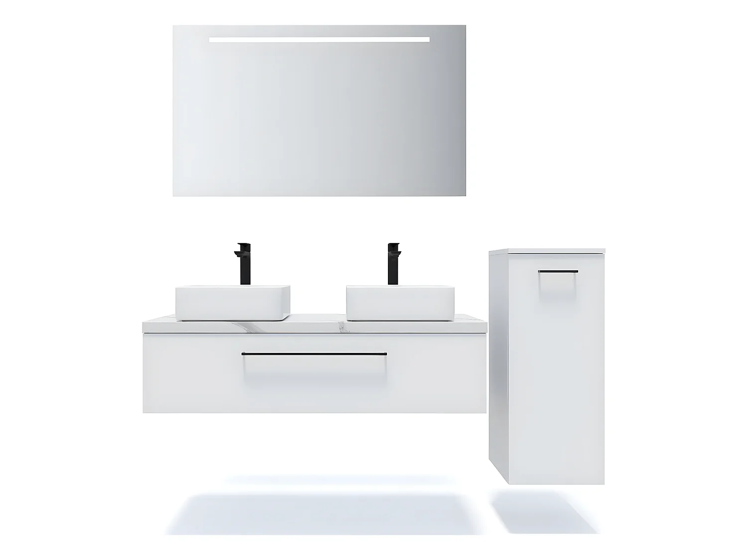 Meuble de salle de bain suspendu 2 vasques à poser 120cm 1 tiroir Blanc + miroir + colonne ouverture droite - Glasgow