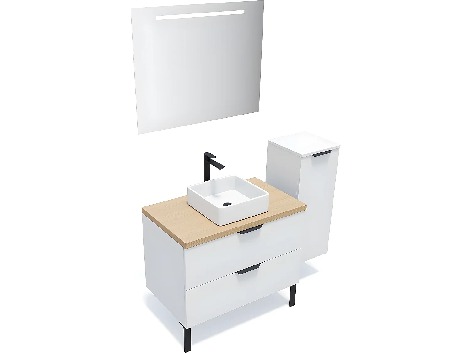 Meuble de salle de bain suspendu vasque à poser 90cm 2 tiroirs Blanc + miroir + colonne ouverture droite - Soho