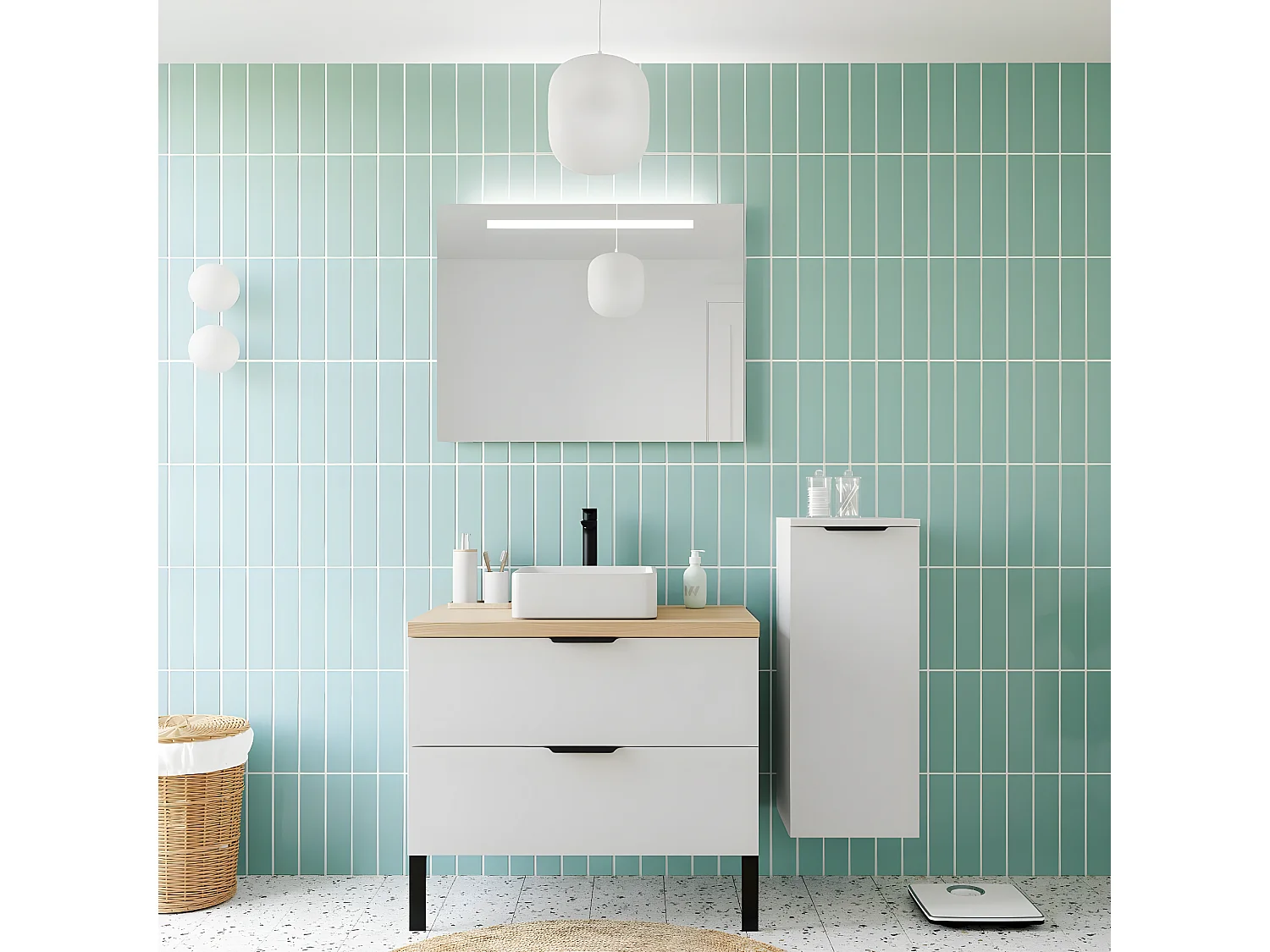 Meuble de salle de bain suspendu vasque à poser 90cm 2 tiroirs Blanc + miroir + colonne ouverture droite - Soho