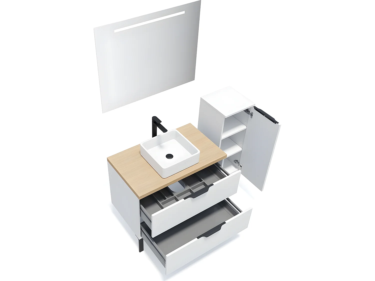 Meuble de salle de bain suspendu vasque à poser 90cm 2 tiroirs Blanc + miroir + colonne ouverture droite - Soho