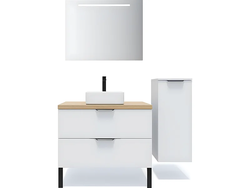 Meuble de salle de bain suspendu vasque à poser 90cm 2 tiroirs Blanc + miroir + colonne ouverture droite - Soho