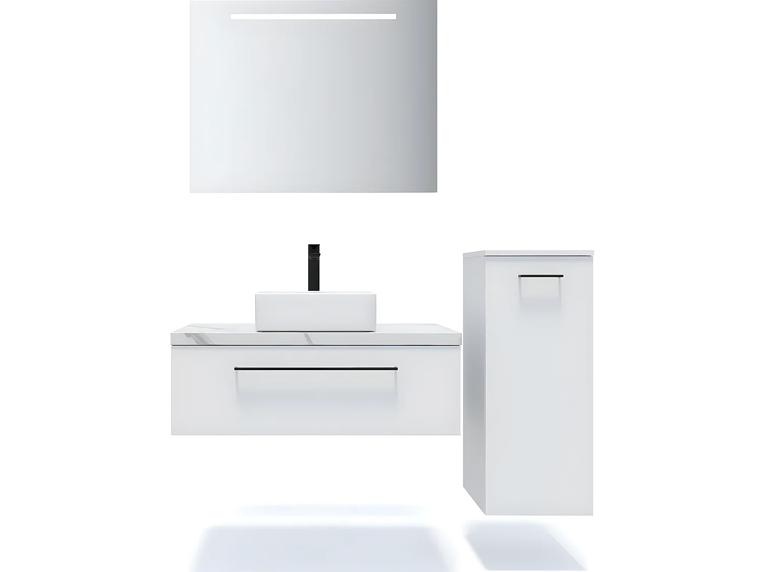 Meuble de salle de bain suspendu vasque à poser 90cm 1 tiroir Blanc + miroir + colonne ouverture droite - Glasgow