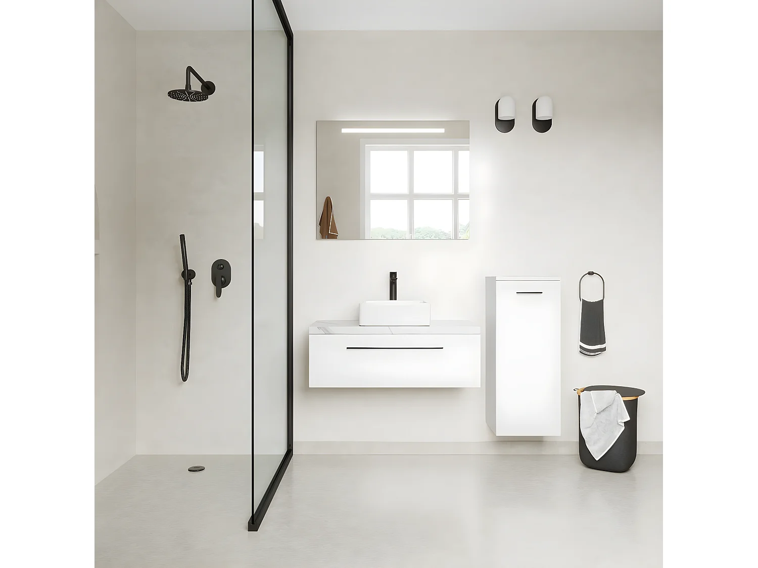 Meuble de salle de bain suspendu vasque à poser 90cm 1 tiroir Blanc + miroir + colonne ouverture droite - Glasgow