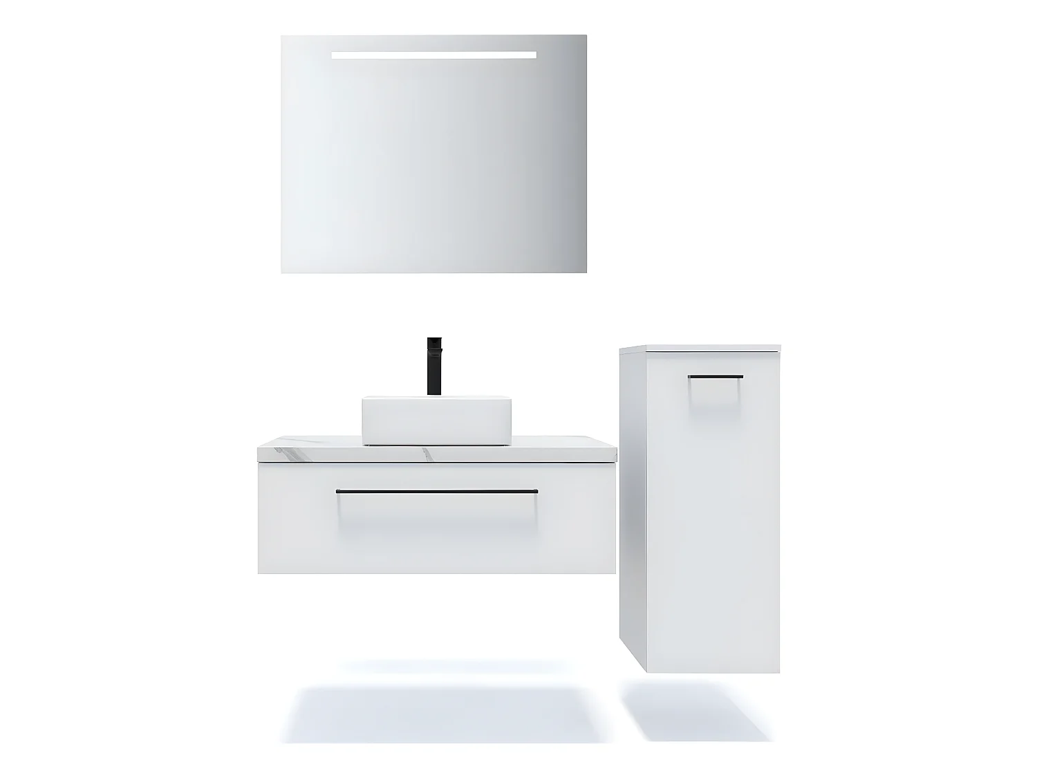 Meuble de salle de bain suspendu vasque à poser 90cm 1 tiroir Blanc + miroir + colonne ouverture droite - Glasgow