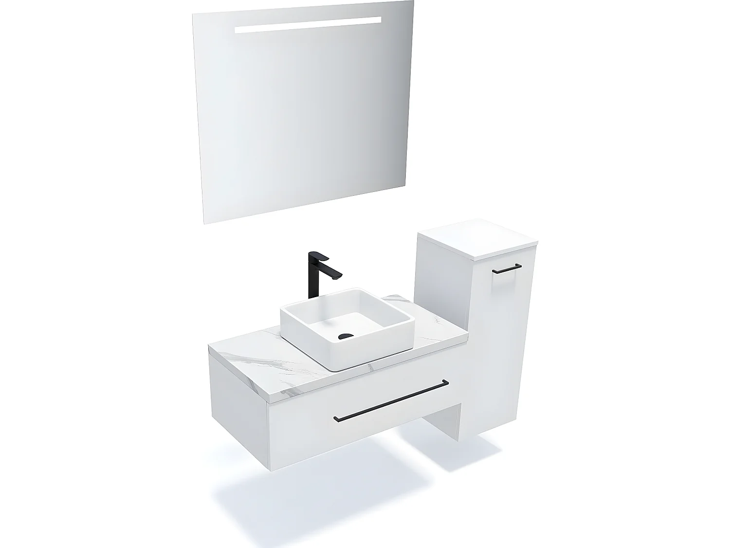 Meuble de salle de bain suspendu vasque à poser 90cm 1 tiroir Blanc + miroir + colonne ouverture droite - Glasgow