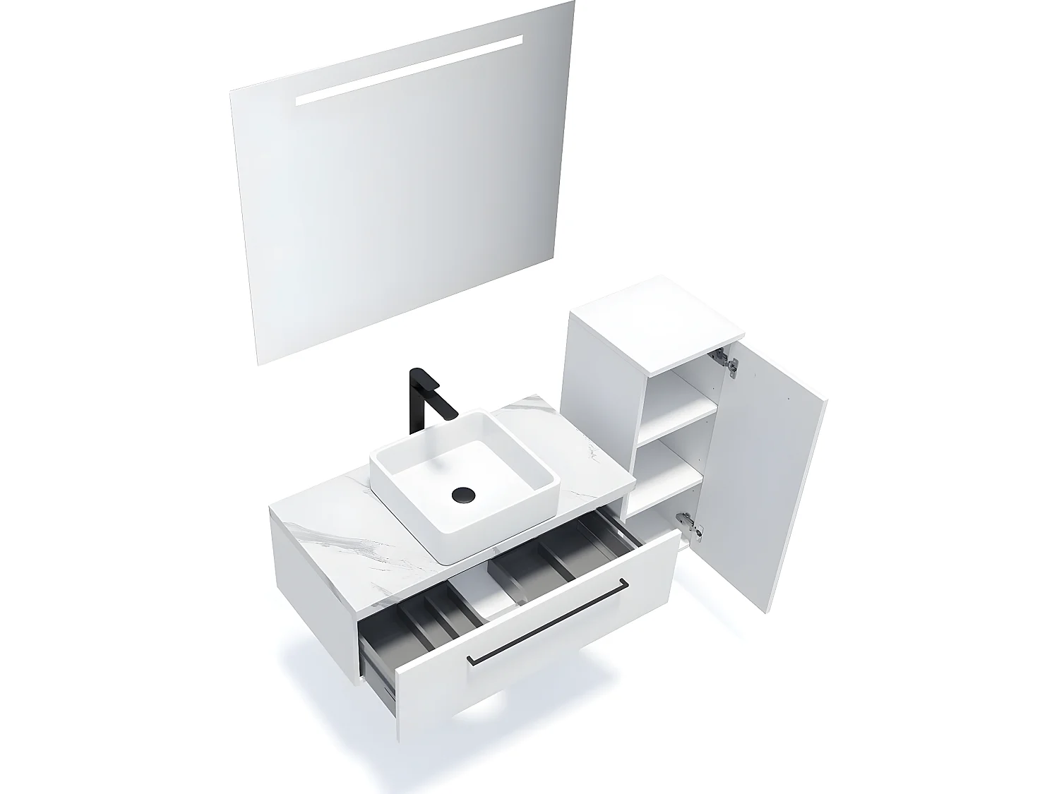 Meuble de salle de bain suspendu vasque à poser 90cm 1 tiroir Blanc + miroir + colonne ouverture droite - Glasgow