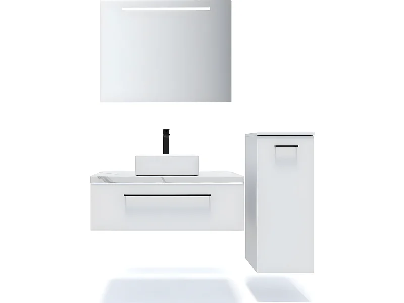 Meuble de salle de bain suspendu vasque à poser 90cm 1 tiroir Blanc + miroir + colonne ouverture droite - Glasgow