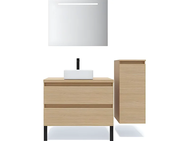 Meuble de salle de bain suspendu vasque à poser 90cm 2 tiroirs Chêne clair + miroir + colonne ouverture droite - Hudson
