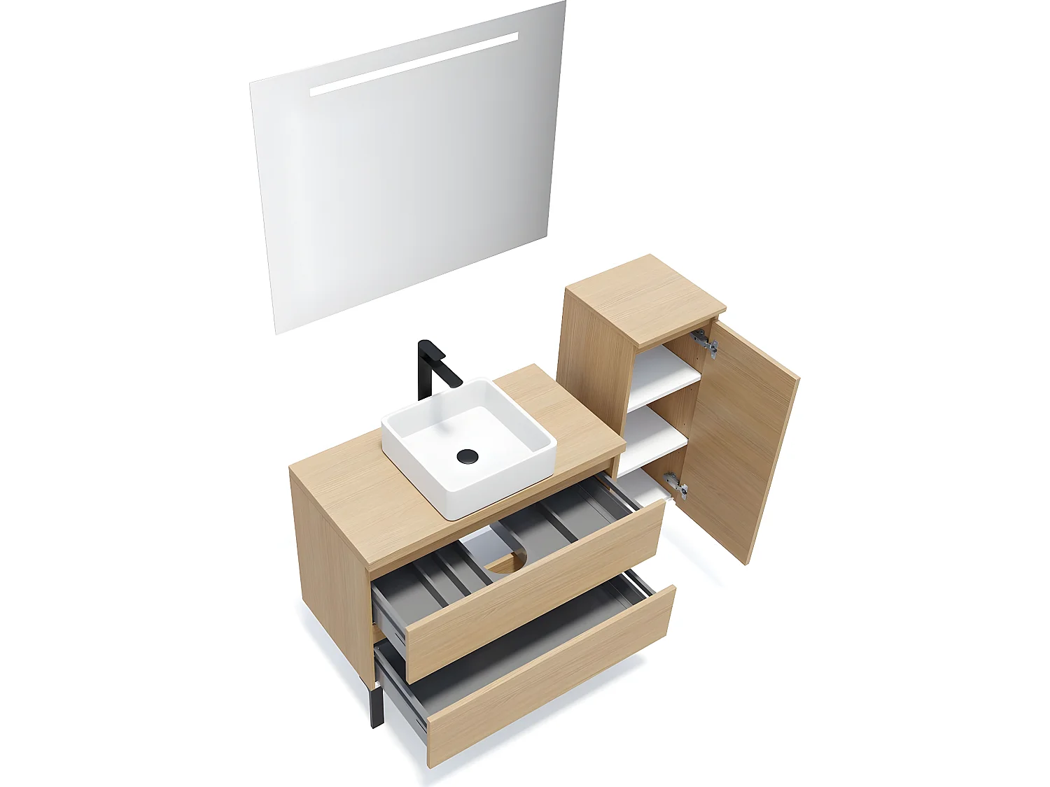 Meuble de salle de bain suspendu vasque à poser 90cm 2 tiroirs Chêne clair + miroir + colonne ouverture droite - Hudson