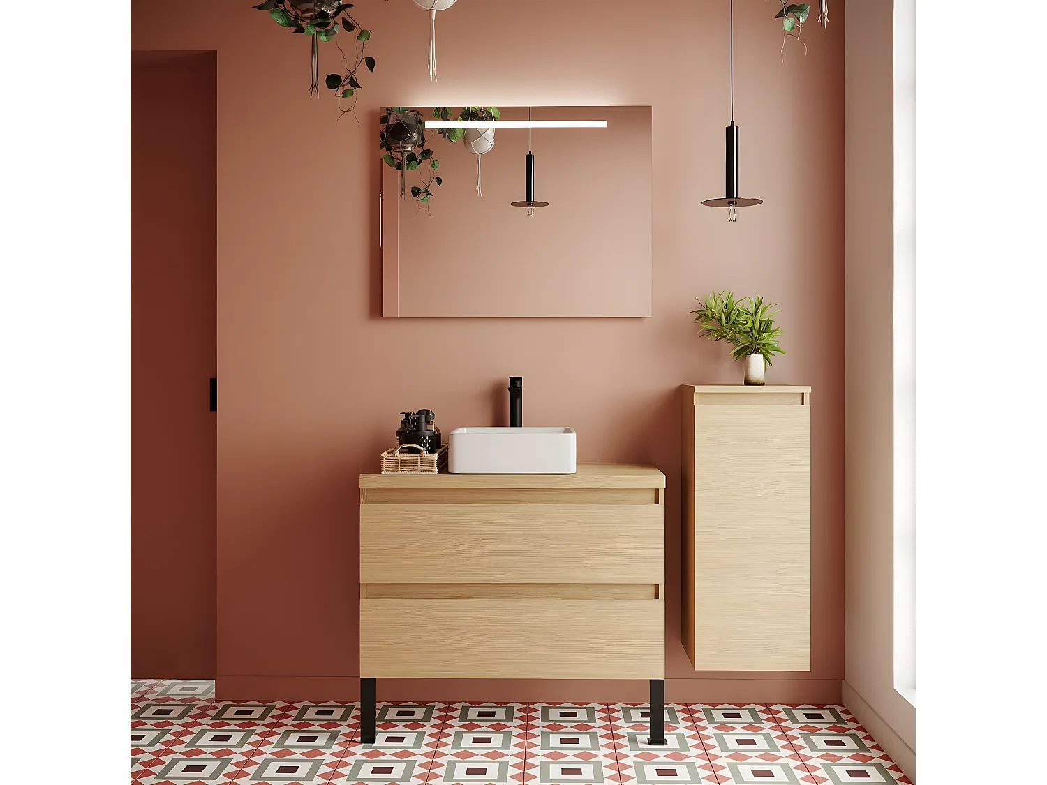 Meuble de salle de bain suspendu vasque à poser 90cm 2 tiroirs Chêne clair + miroir + colonne ouverture droite - Hudson