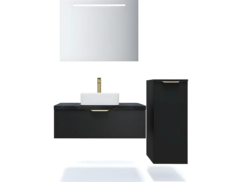 Meuble de salle de bain suspendu vasque à poser 90cm 1 tiroir Noir + miroir + colonne ouverture droite - Venice