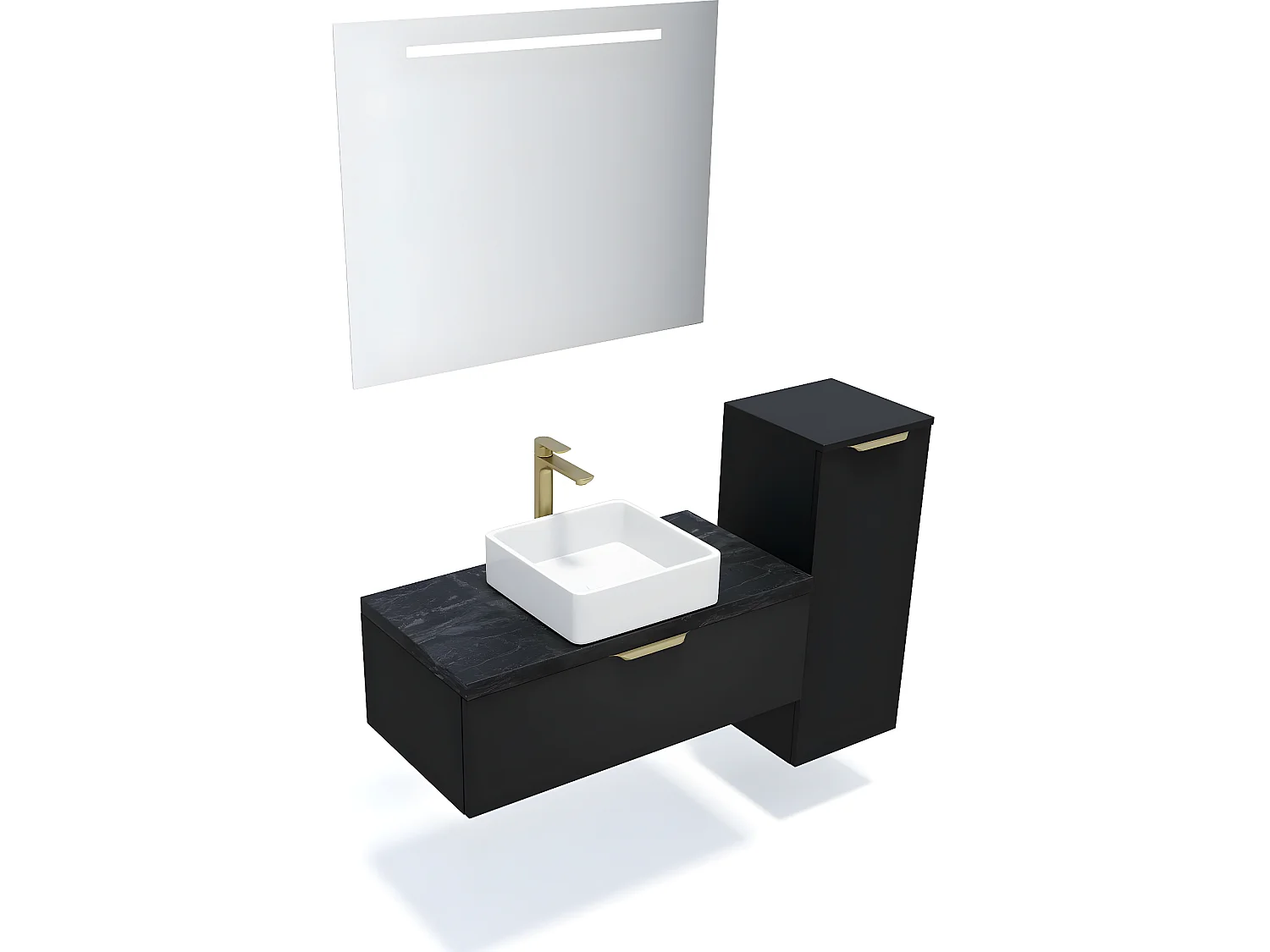 Meuble de salle de bain suspendu vasque à poser 90cm 1 tiroir Noir + miroir + colonne ouverture droite - Venice