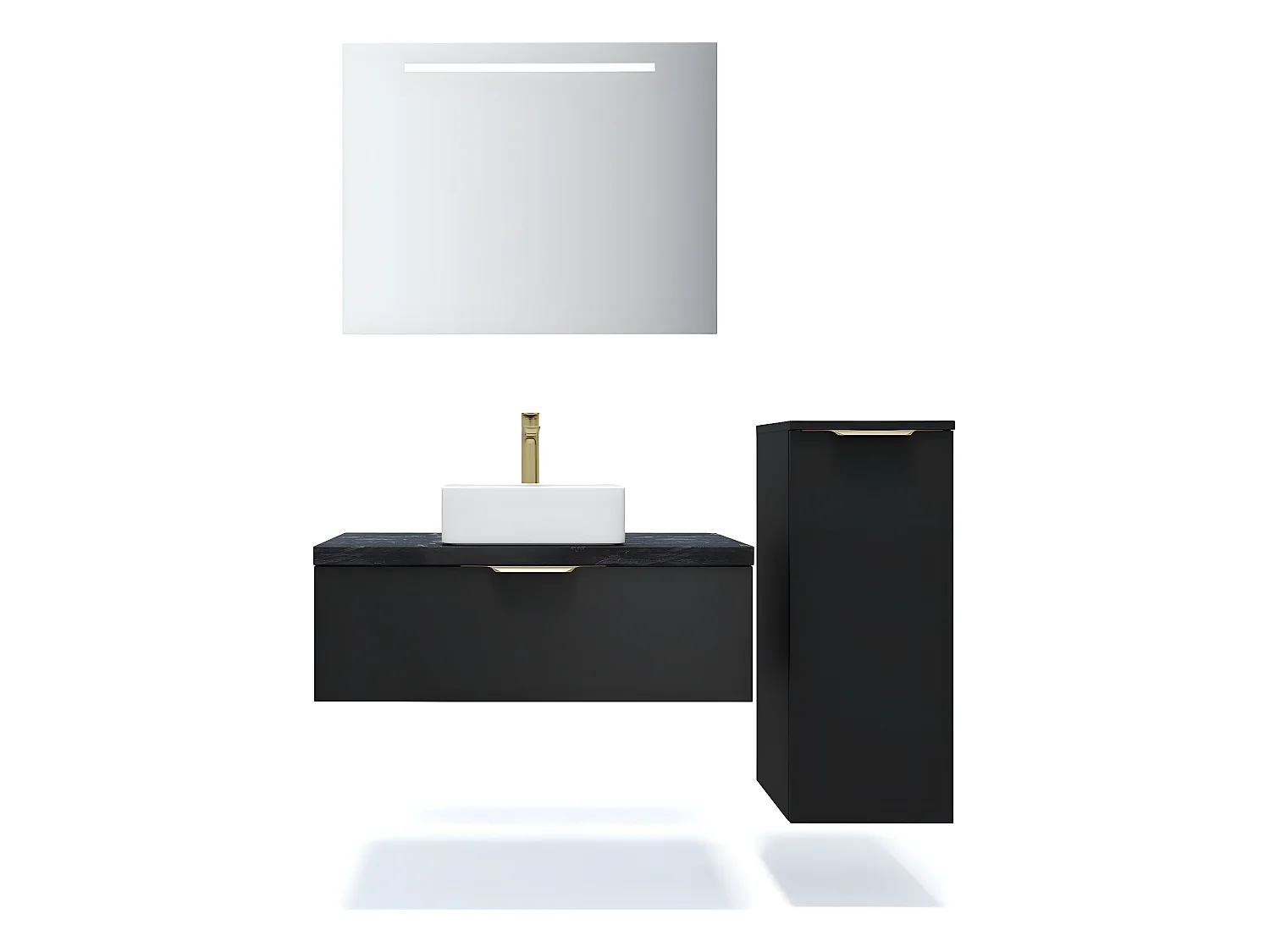 Meuble de salle de bain suspendu vasque à poser 90cm 1 tiroir Noir + miroir + colonne ouverture droite - Venice