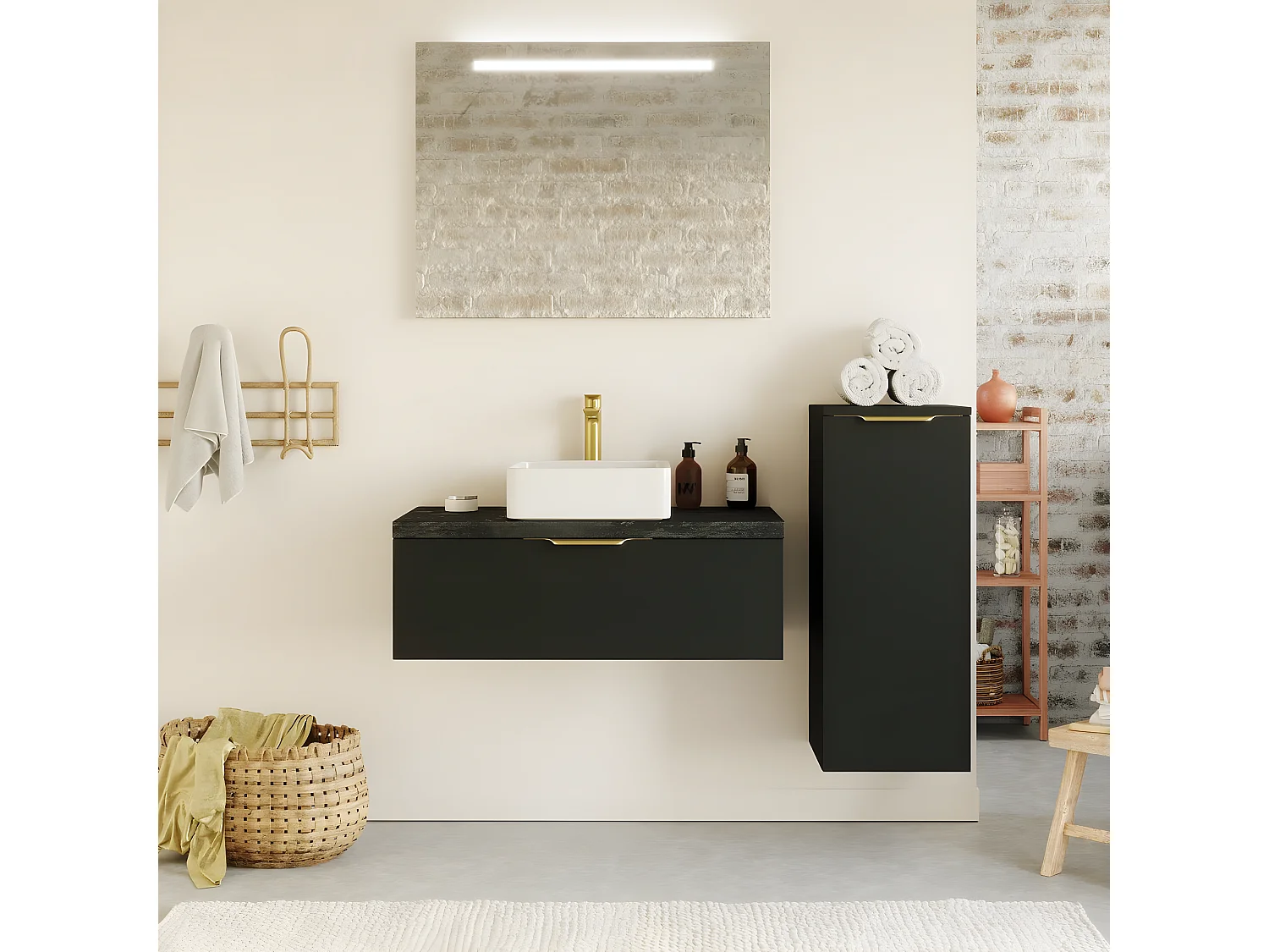 Meuble de salle de bain suspendu vasque à poser 90cm 1 tiroir Noir + miroir + colonne ouverture droite - Venice