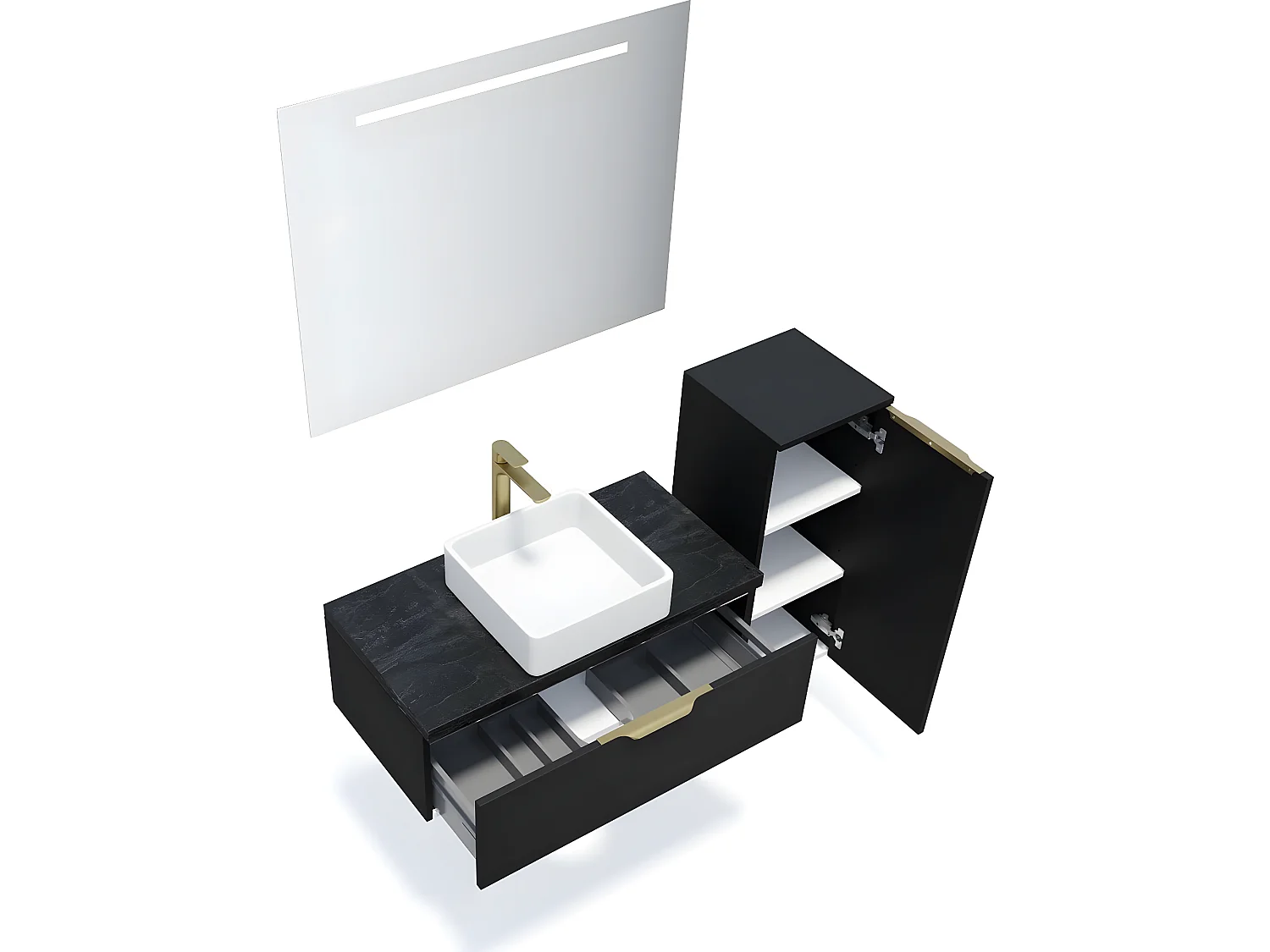 Meuble de salle de bain suspendu vasque à poser 90cm 1 tiroir Noir + miroir + colonne ouverture droite - Venice