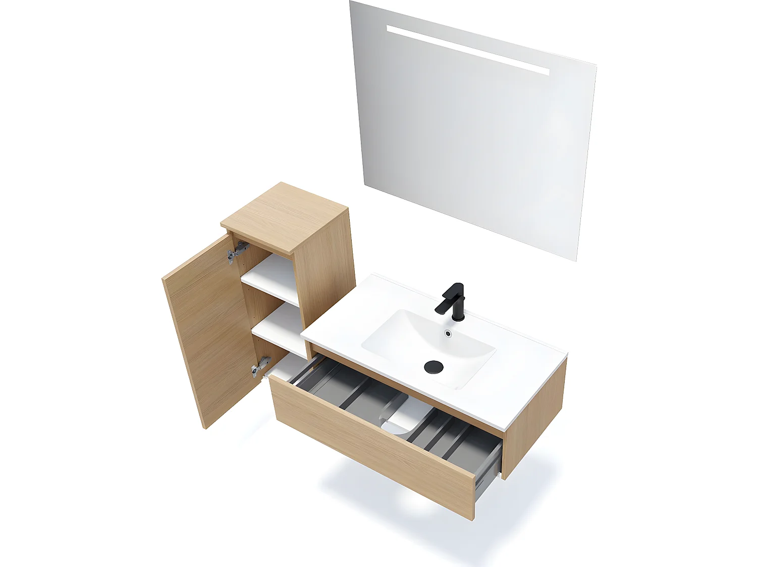 Meuble de salle de bain suspendu vasque intégrée 90cm 1 tiroir Chêne clair + miroir + colonne ouverture gauche - Hudson