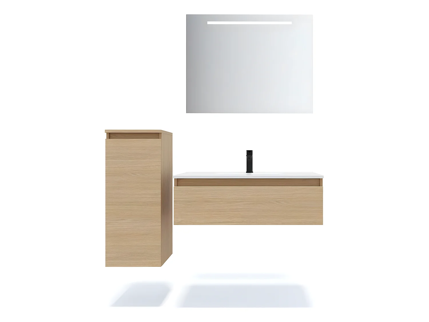 Meuble de salle de bain suspendu vasque intégrée 90cm 1 tiroir Chêne clair + miroir + colonne ouverture gauche - Hudson