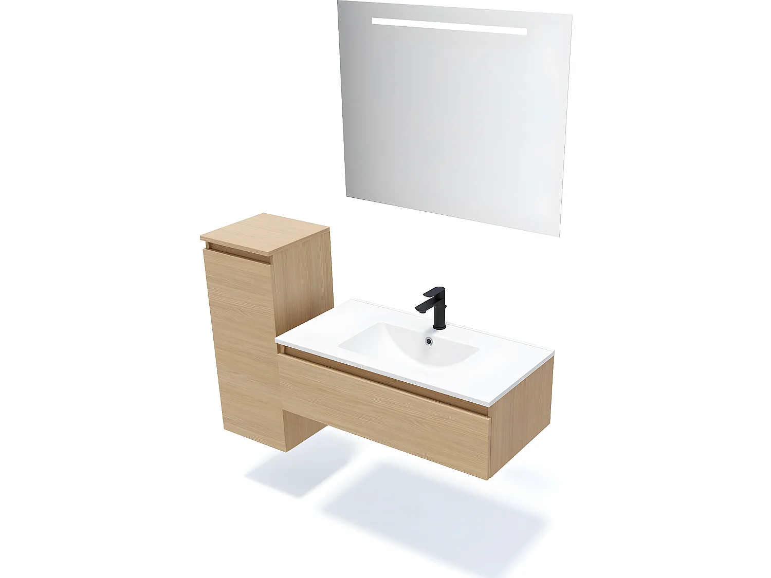 Meuble de salle de bain suspendu vasque intégrée 90cm 1 tiroir Chêne clair + miroir + colonne ouverture gauche - Hudson