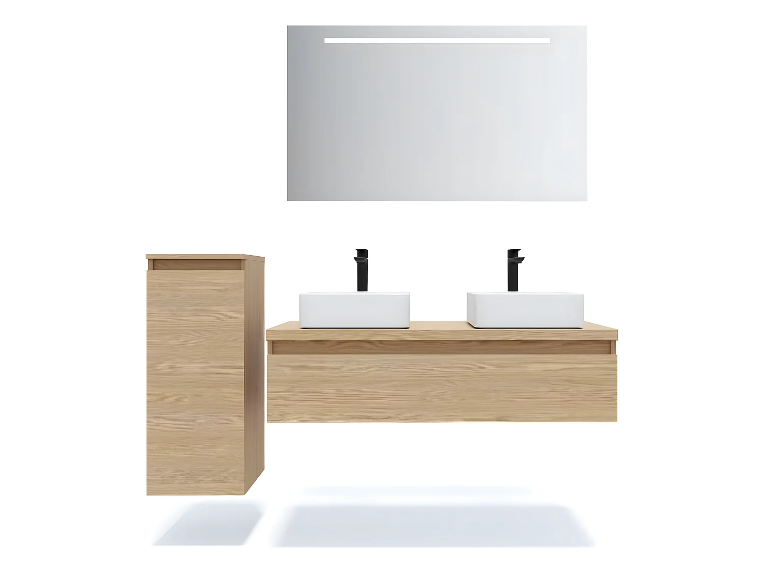 Meuble de salle de bain suspendu 2 vasques à poser 120cm 1 tiroir Chêne clair + miroir + colonne ouverture gauche - Hudson