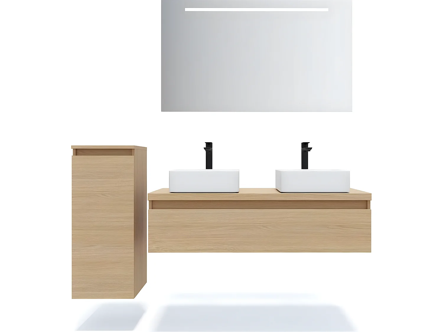 Meuble de salle de bain suspendu 2 vasques à poser 120cm 1 tiroir Chêne clair + miroir + colonne ouverture gauche - Hudson