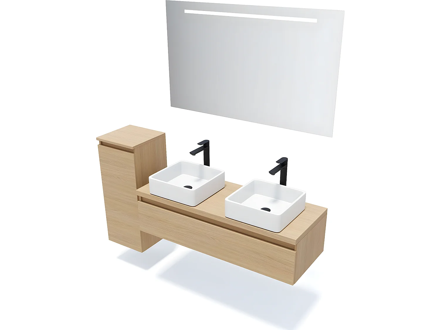 Meuble de salle de bain suspendu 2 vasques à poser 120cm 1 tiroir Chêne clair + miroir + colonne ouverture gauche - Hudson