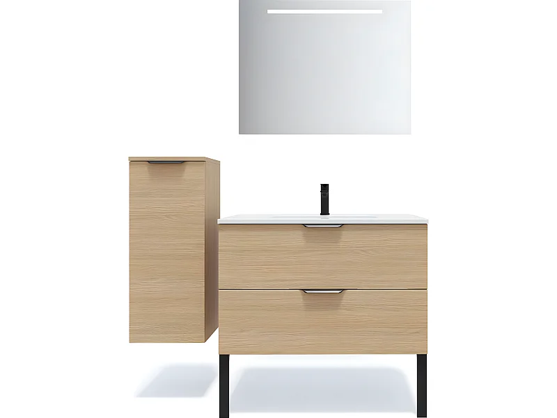 Meuble de salle de bain suspendu vasque intégrée 90cm 2 tiroirs Chêne clair + miroir + colonne ouverture gauche - Soho