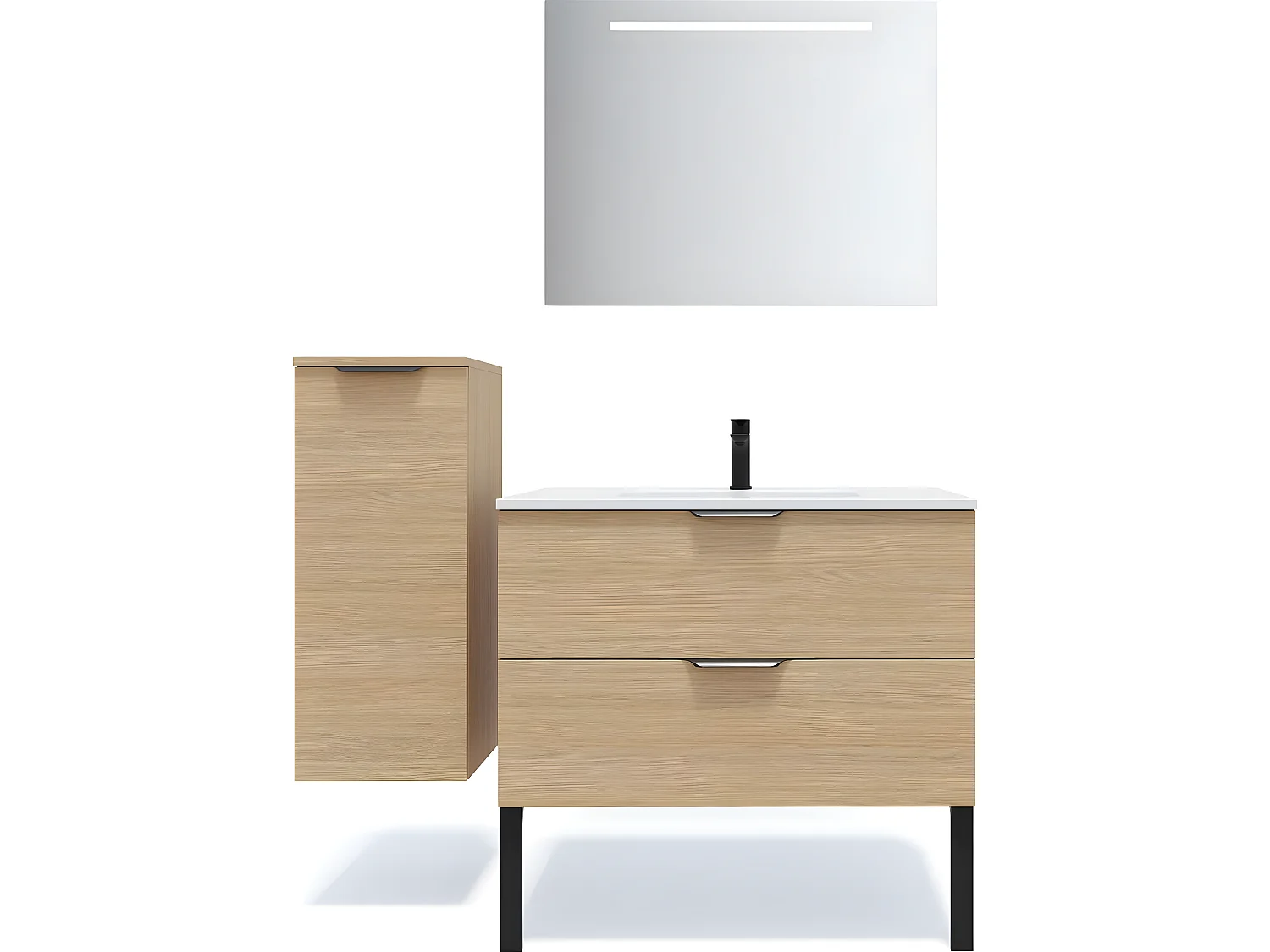 Meuble de salle de bain suspendu vasque intégrée 90cm 2 tiroirs Chêne clair + miroir + colonne ouverture gauche - Soho