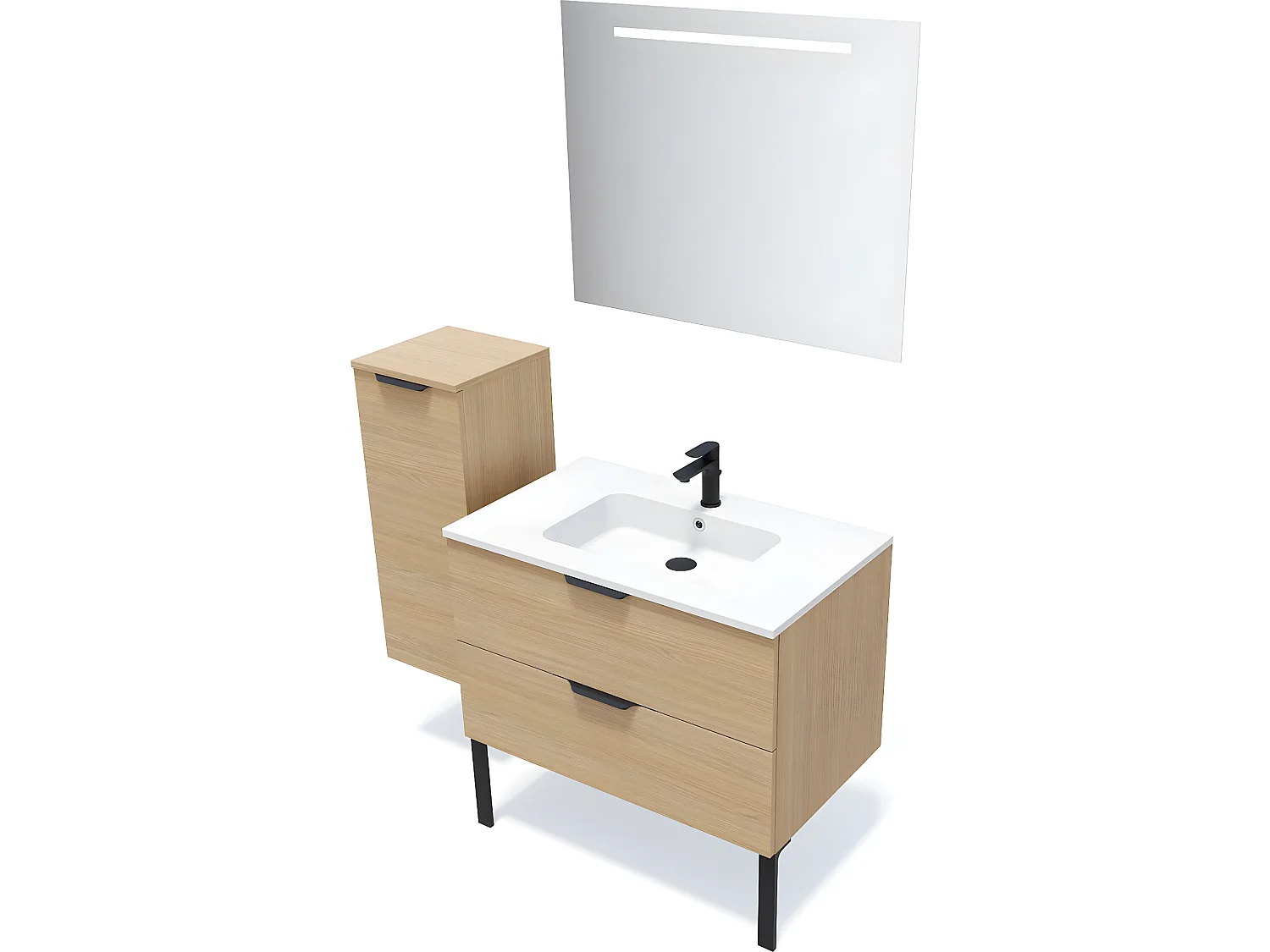 Meuble de salle de bain suspendu vasque intégrée 90cm 2 tiroirs Chêne clair + miroir + colonne ouverture gauche - Soho