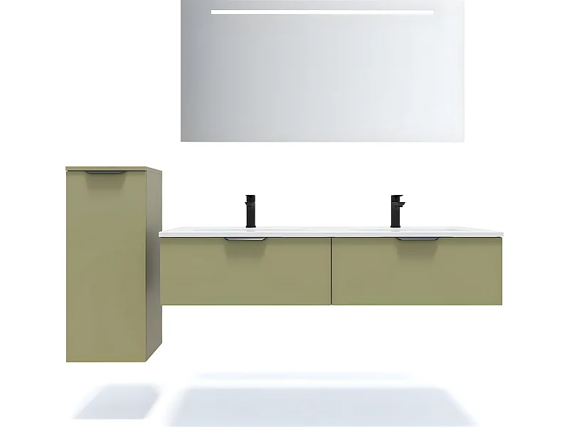 Meuble de salle de bain suspendu double vasque intégrée 140cm 2 tiroirs Vert olive + miroir + colonne ouverture gauche - Soho
