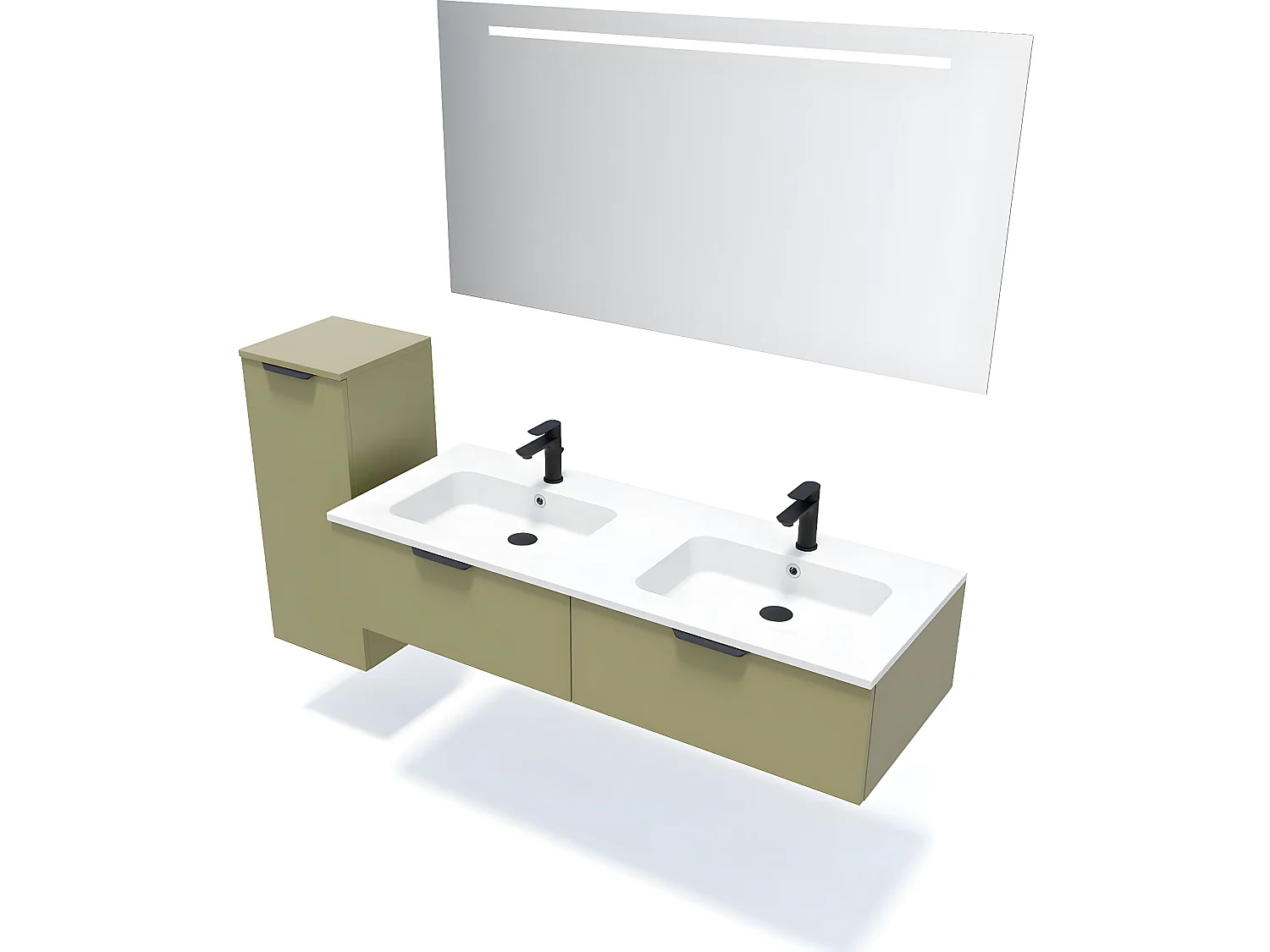 Meuble de salle de bain suspendu double vasque intégrée 140cm 2 tiroirs Vert olive + miroir + colonne ouverture gauche - Soho