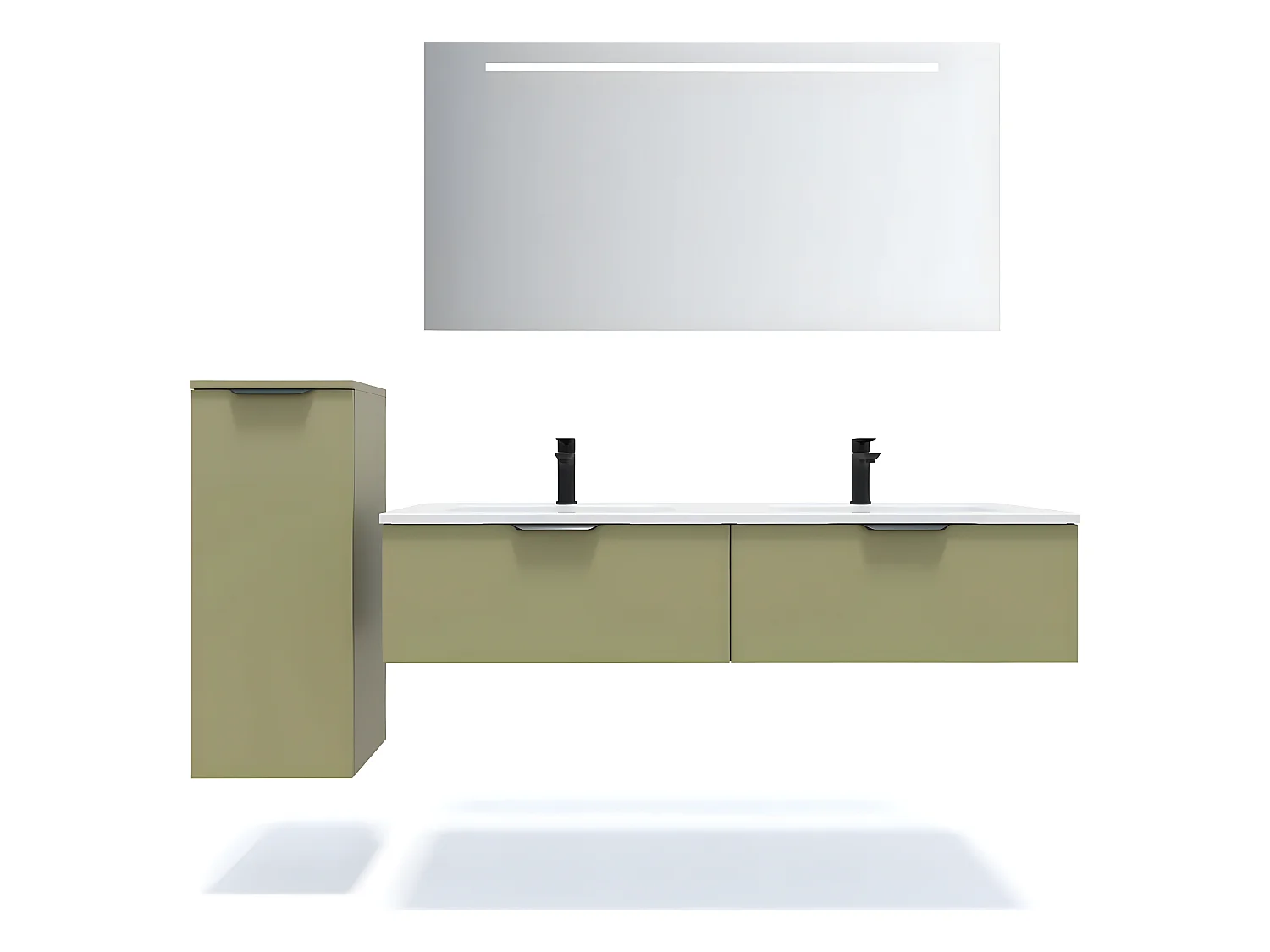 Meuble de salle de bain suspendu double vasque intégrée 140cm 2 tiroirs Vert olive + miroir + colonne ouverture gauche - Soho