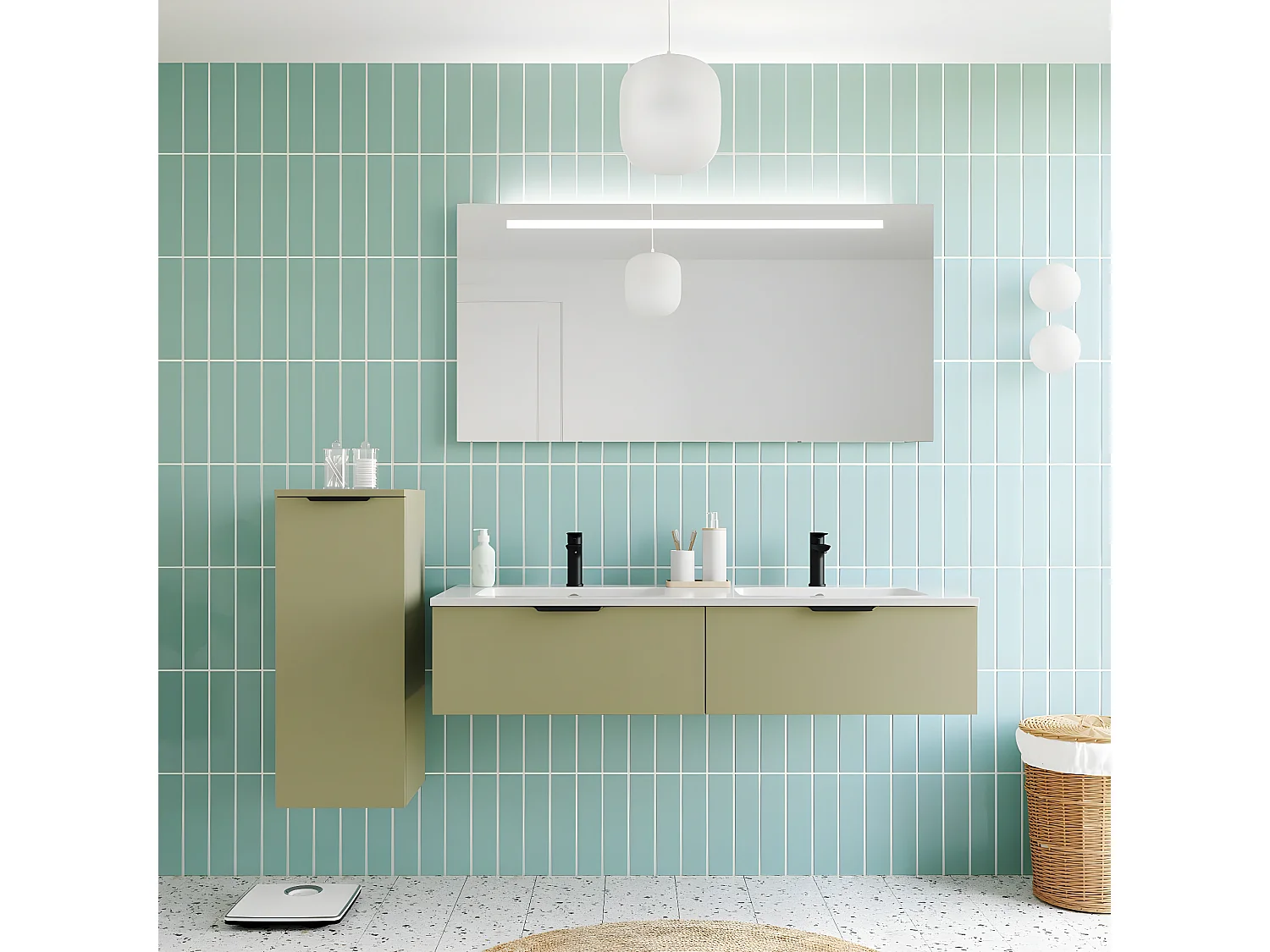 Meuble de salle de bain suspendu double vasque intégrée 140cm 2 tiroirs Vert olive + miroir + colonne ouverture gauche - Soho