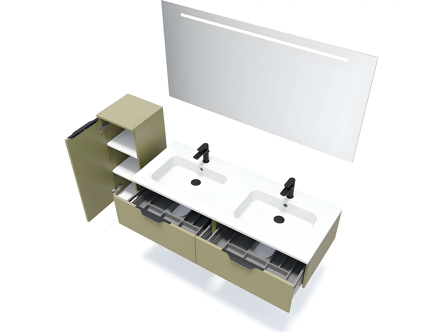 Meuble de salle de bain suspendu double vasque intégrée 140cm 2 tiroirs Vert olive + miroir + colonne ouverture gauche - Soho