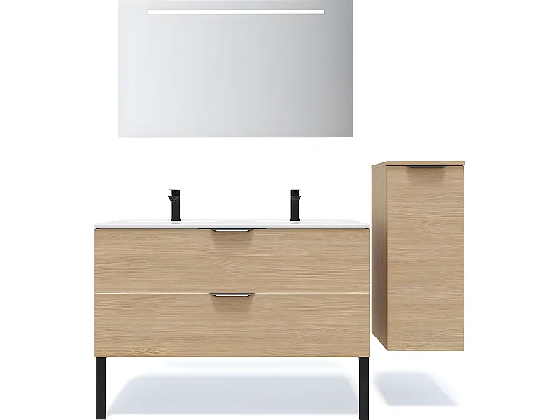 Meuble de salle de bain suspendu double vasque intégrée 120cm 2 tiroirs Chêne clair + miroir + colonne ouverture droite - Venice