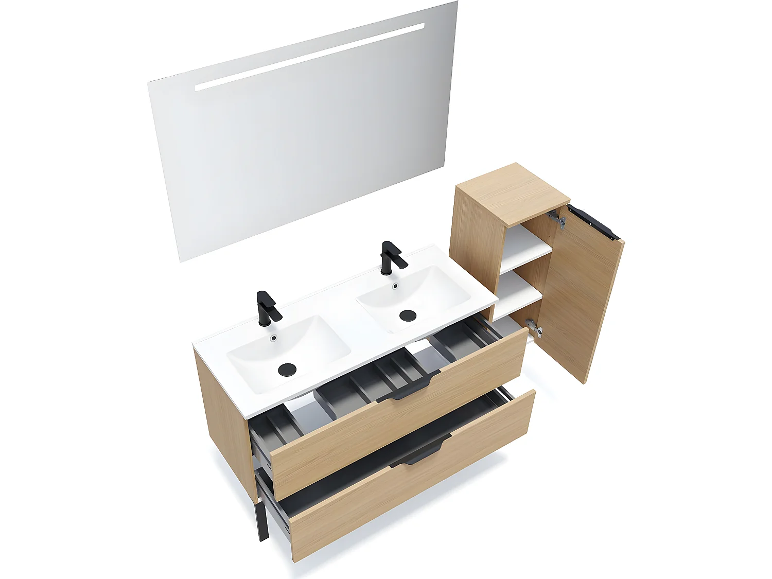 Meuble de salle de bain suspendu double vasque intégrée 120cm 2 tiroirs Chêne clair + miroir + colonne ouverture droite - Venice