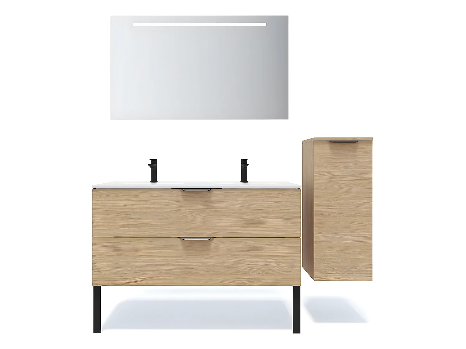 Meuble de salle de bain suspendu double vasque intégrée 120cm 2 tiroirs Chêne clair + miroir + colonne ouverture droite - Venice