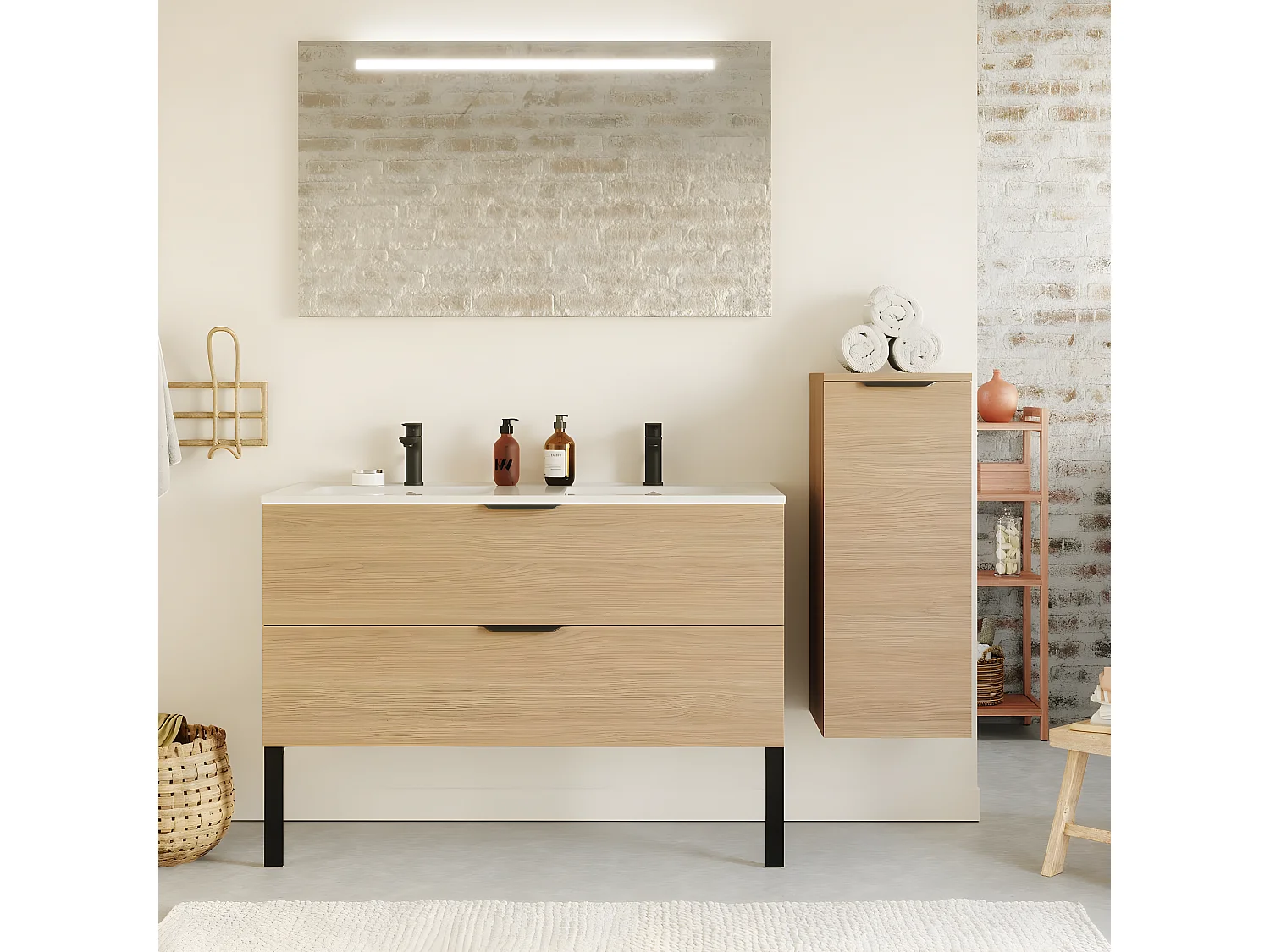 Meuble de salle de bain suspendu double vasque intégrée 120cm 2 tiroirs Chêne clair + miroir + colonne ouverture droite - Venice