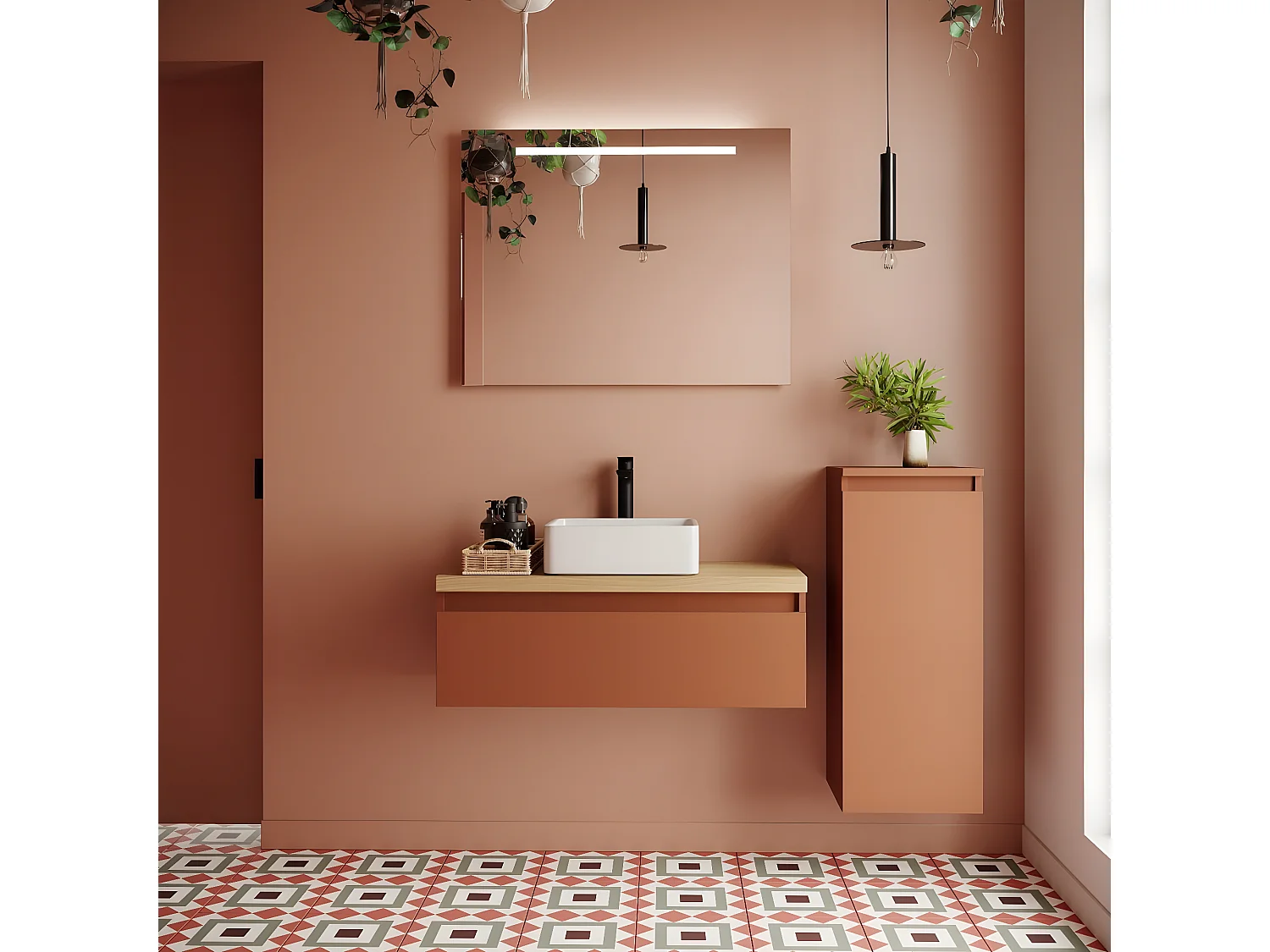 Meuble de salle de bain suspendu vasque à poser 90cm 1 tiroir Terracotta + miroir + colonne ouverture droite - Hudson