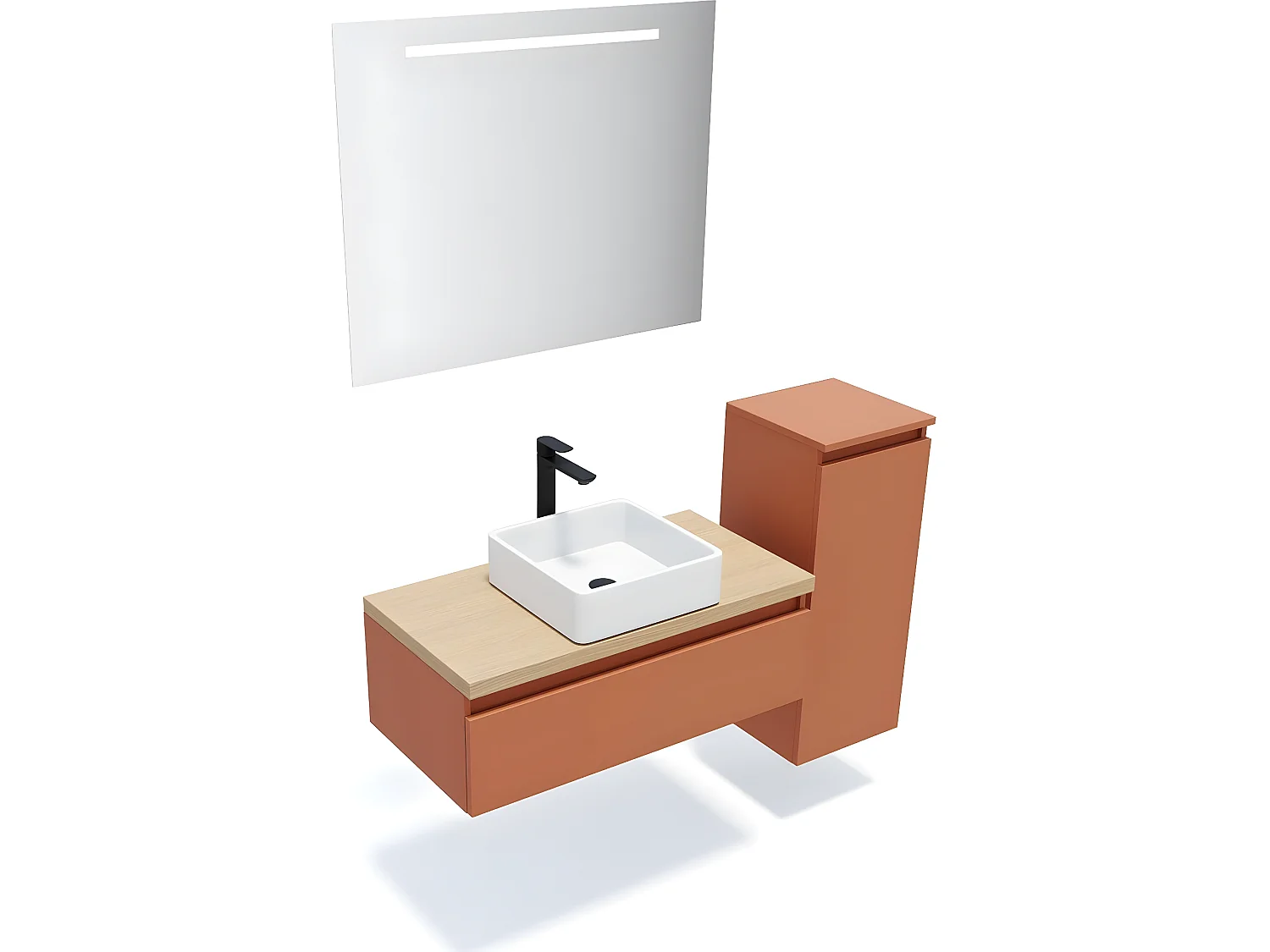 Meuble de salle de bain suspendu vasque à poser 90cm 1 tiroir Terracotta + miroir + colonne ouverture droite - Hudson