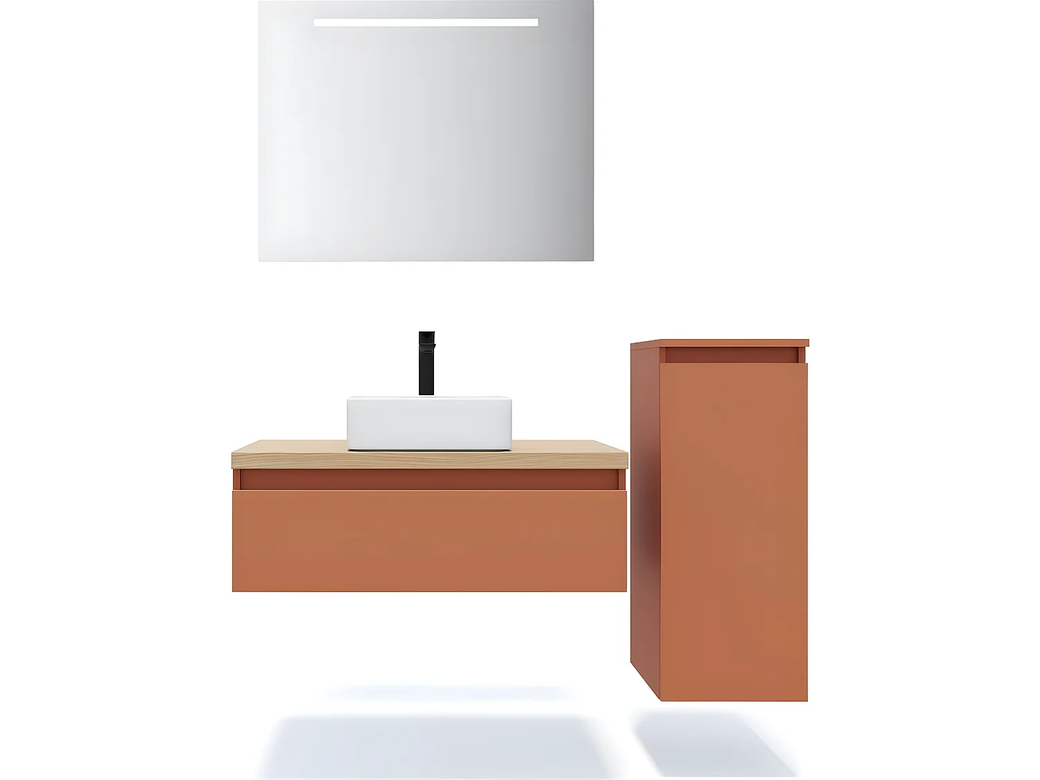 Meuble de salle de bain suspendu vasque à poser 90cm 1 tiroir Terracotta + miroir + colonne ouverture droite - Hudson