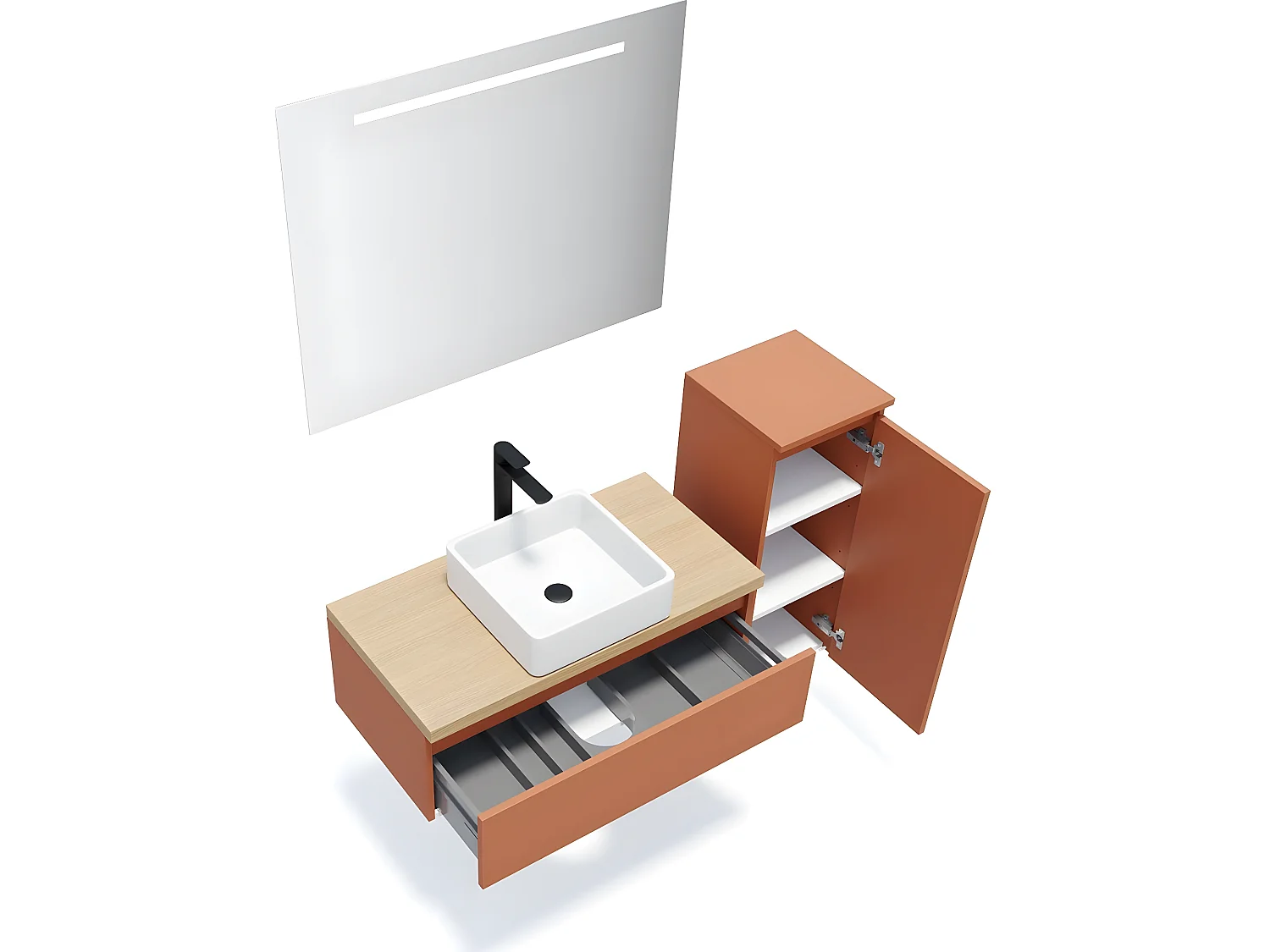 Meuble de salle de bain suspendu vasque à poser 90cm 1 tiroir Terracotta + miroir + colonne ouverture droite - Hudson