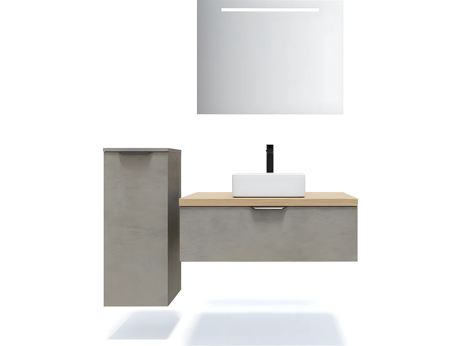 Meuble de salle de bain suspendu vasque à poser 90cm 1 tiroir façon Béton + miroir + colonne ouverture gauche - Soho