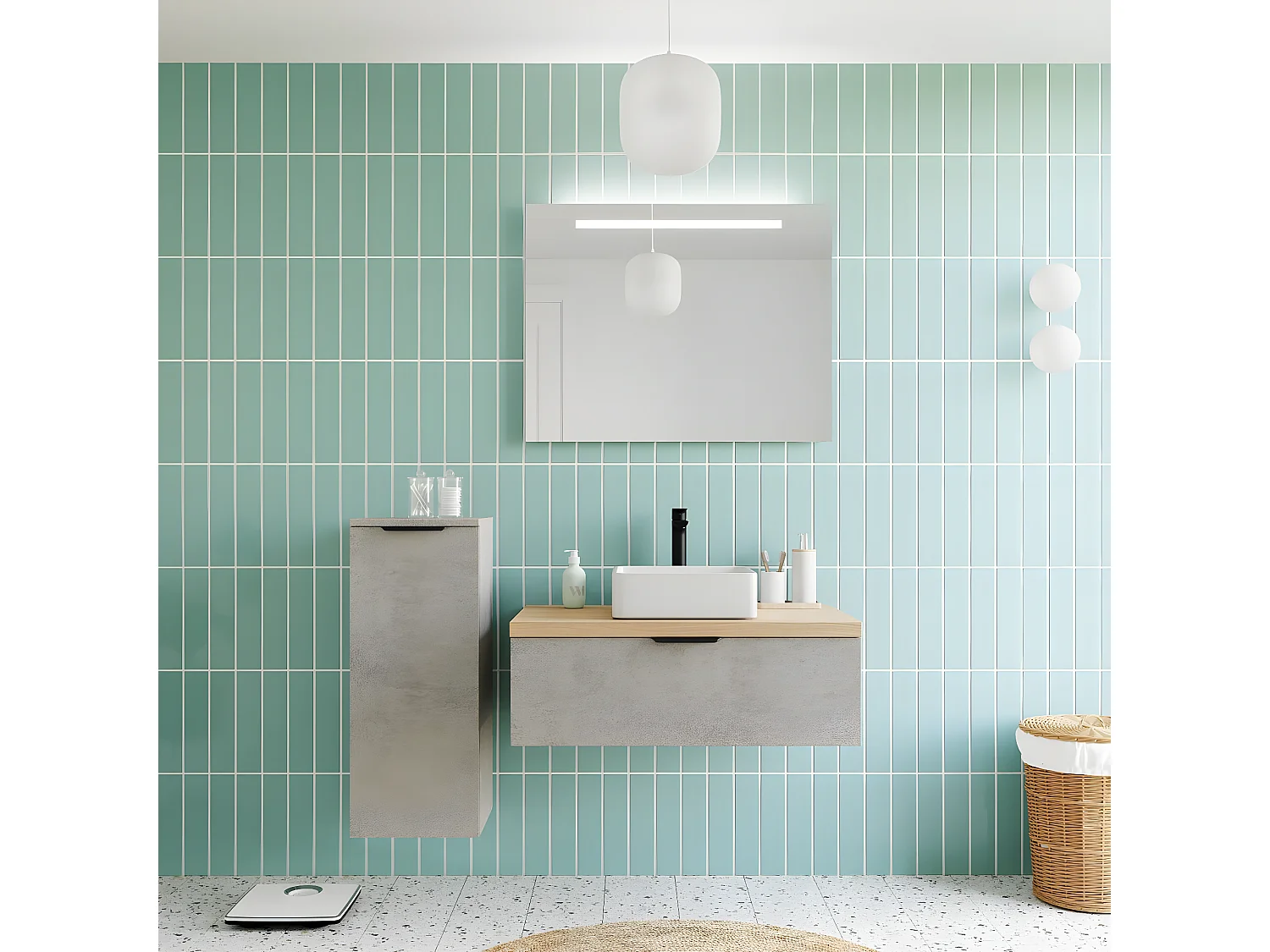 Meuble de salle de bain suspendu vasque à poser 90cm 1 tiroir façon Béton + miroir + colonne ouverture gauche - Soho