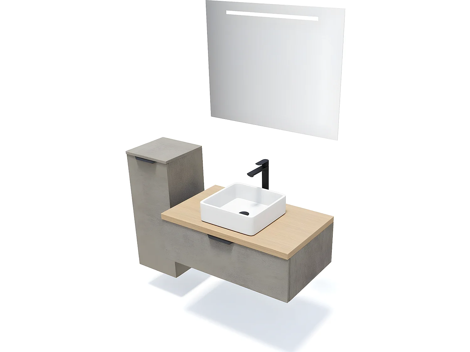 Meuble de salle de bain suspendu vasque à poser 90cm 1 tiroir façon Béton + miroir + colonne ouverture gauche - Soho